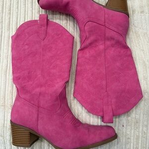 Pink Western Mid-Calf Block Heel Boots